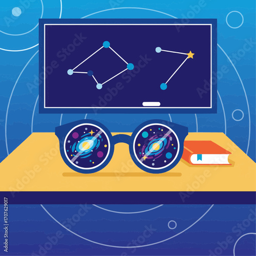 A pair of glasses whose lenses reflect a vast universe of planets and stars, symbolizing teachers broadening horizons.
