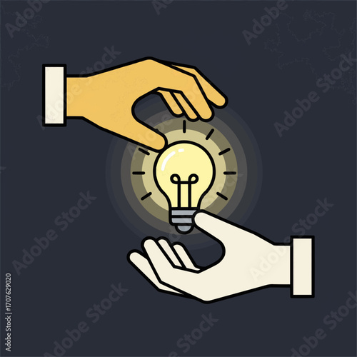Two pairs of hands: one (teacher's) hands a glowing light bulb to another (student's), symbolizing the transfer of ideas.