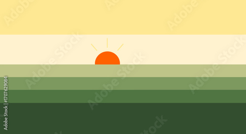 Stylized graphic of a sunrise or sunset over a striped landscape with shades of green and yellow.
