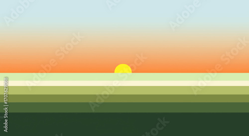 Sunrise over a flat landscape with horizontal bands of color.
