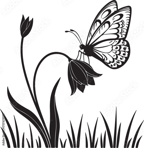 Black and white illustration of a butterfly on a flower with grass on white background insect flying