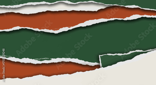 Torn paper effect with layers of green and orange showing through, creating a textured background.