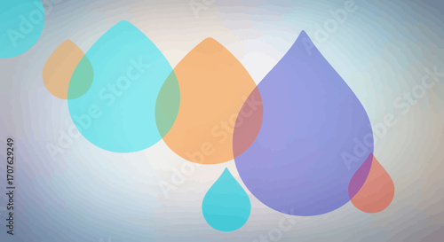 A minimalist illustration of colorful, transparent raindrops overlapping against a soft gradient background.