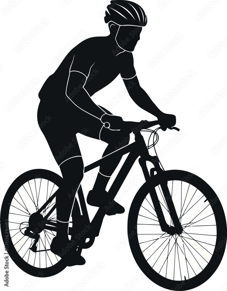 Obraz premium Vector art of silhouette of a man riding a mountain bike, transparent background