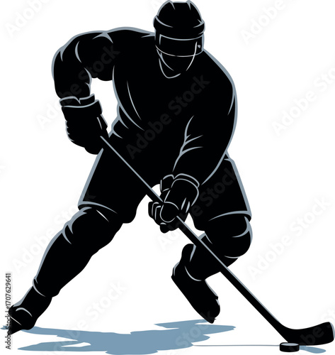 Vector art of silhouette of a hockey player skating and holding a stick, transparent background