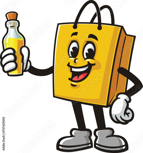 Cartoon mascot of a shopping bag holding a bottle of oil