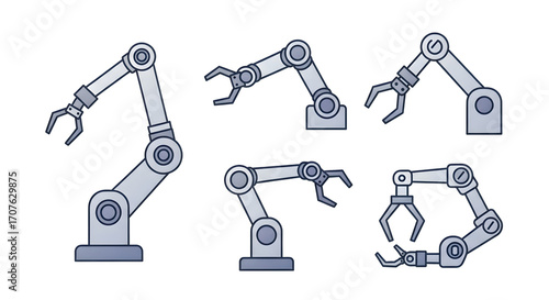Robotics infographic elements featuring a diverse set of industrial robot arm icons. Vector collection of mechanical manipulators for automation