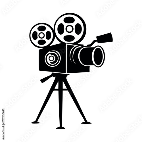 A retro movie camera with a tripod and lens, isolated on a black background, with a film reel and telescope