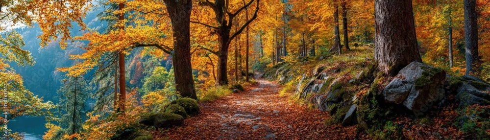 Fototapeta premium Vibrant autumn leaves, crisp fall air, sunlight filtering, serene forest trail
