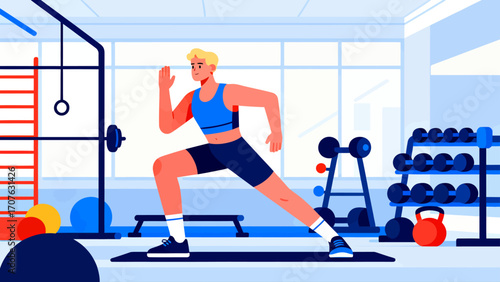 Doing warm-up exercises in the gym, hand-drawn vector illustrations