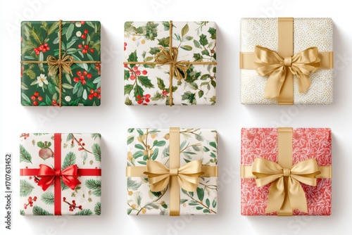 Christmas luxury gift present festive pattern top down view PNG set, cutout isolated on white background. Winter Holiday gifting season graphic resource 