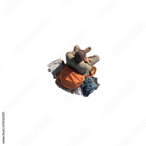Aerial View of Backpacker Taking a Break During Hike