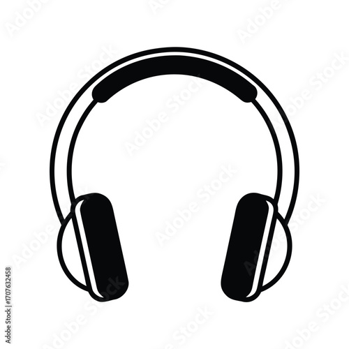 Clean black silhouette of headphones on a pure white background for design