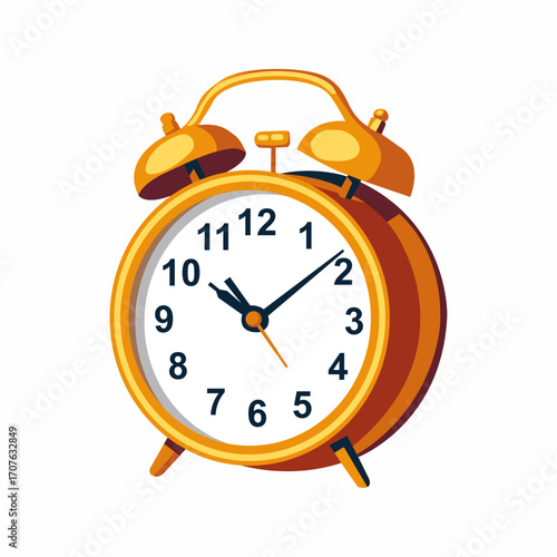 A vintage, gold alarm clock, showing the time.