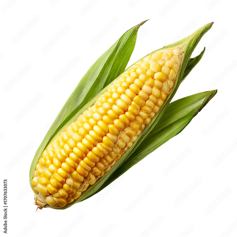 Obraz premium Yellow corn cob with leaves