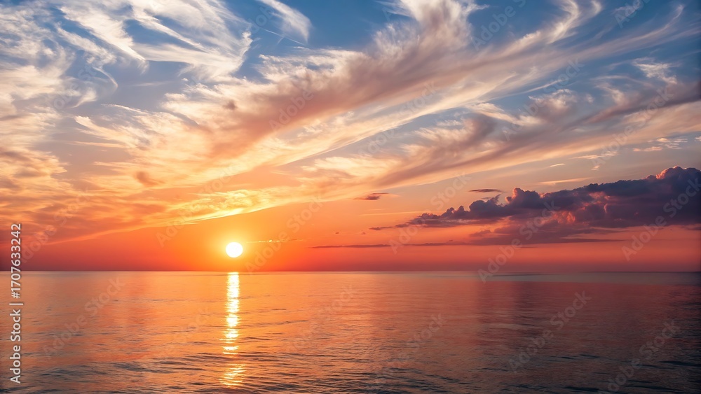 Obraz premium Vibrant sunset over calm ocean waters with wispy clouds