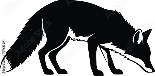 Minimal vector silhouette, sniffing fox head down, tail relaxed, side profile, solid black