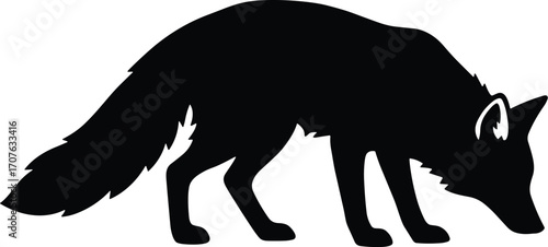 Minimal vector silhouette, sniffing fox head down, tail relaxed, side profile, solid black