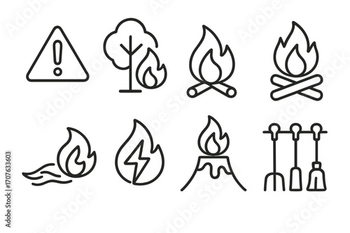 Set of fire-related icons including campfire and forest fire symbols