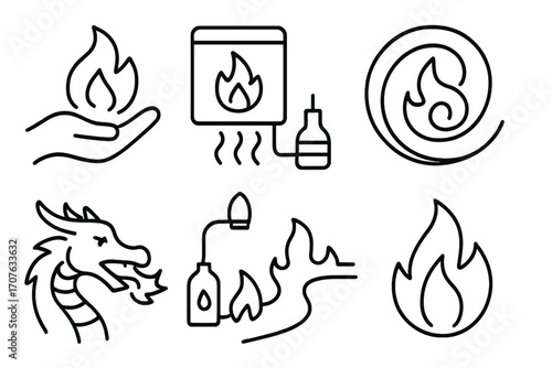 Black and white fire symbols featuring hand, flame, and dragon elements