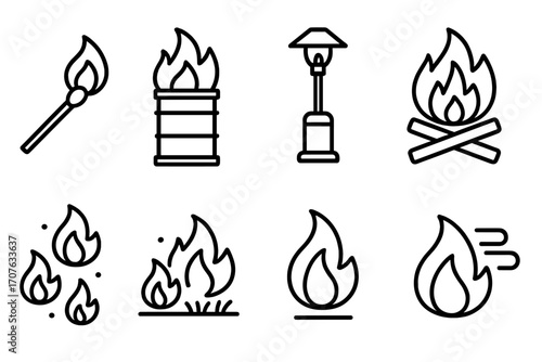 Collection of fire icons: match, barrel, lamp, campfire, flames, energy