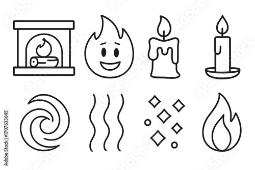 Set of fire and heat icons featuring fireplace, flame, candle, and heat elements