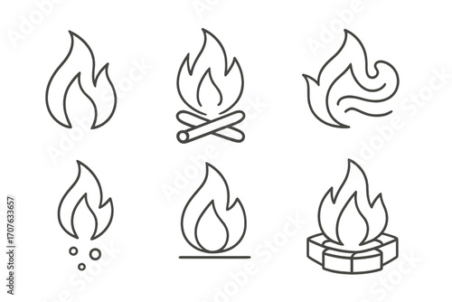 Collection of minimalist fire and campfire icon set in line art style