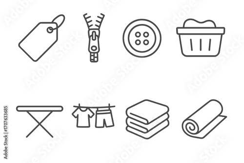 Laundry essentials: tags, zipper, button, basket, ironing board, clothes, towels, fabric