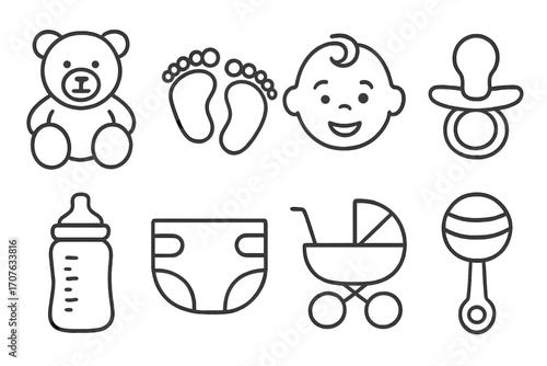 Cute baby icons: teddy bear, footprints, baby face, pacifier, bottle, diaper, stroller, rattle