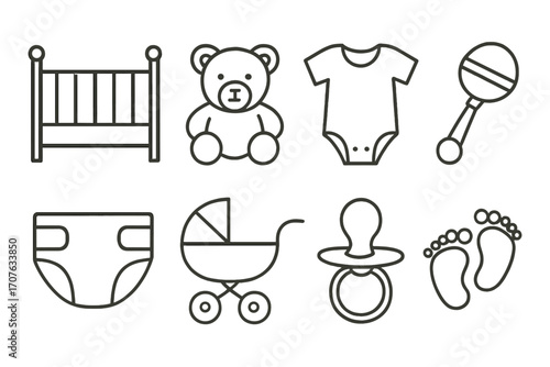 Baby essentials icons featuring crib, teddy bear, onesie, rattle, diaper, stroller, pacifier, and footprints