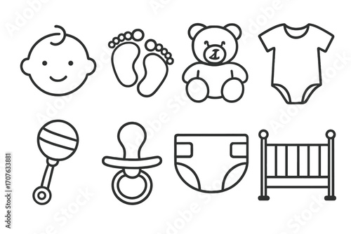 Baby essentials icons: teddy, onesie, rattle, pacifier, diaper, crib