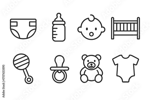 Baby essentials icons: diaper, bottle, crib, rattle, pacifier, teddy bear, onesie