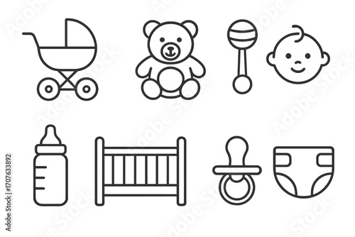 Outline icons of baby items: stroller, teddy bear, rattle, bottle, crib, pacifier, diaper