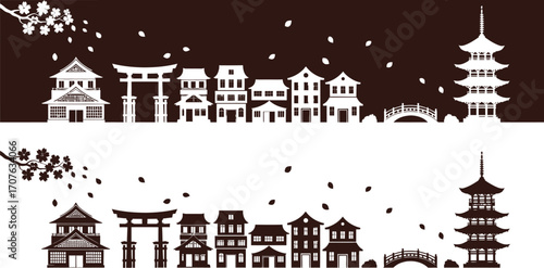 Japanese townscape vector illustration silhouette editable vector