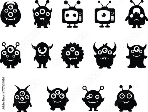 Cute monster vector icons, funny cartoon monsters, one-eyed monster characters, spooky Halloween monsters, playful alien creatures, monster silhouettes set