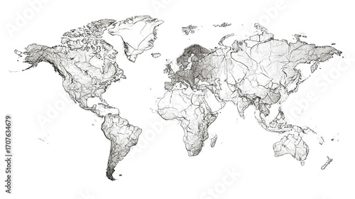 World map, grayscale, topographic detail