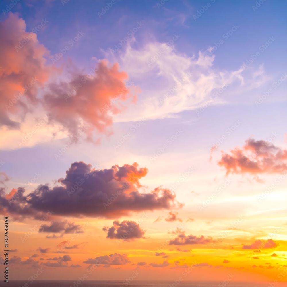 Fototapeta premium Tropical sunset sky, ocean view, colorful clouds