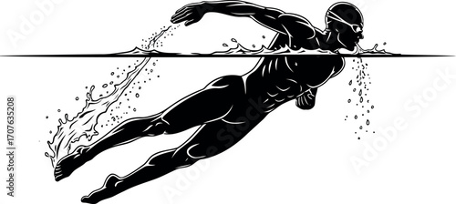 Vector art of silhouette of a male swimmer performing the freestyle stroke with water splashing around him transparent background