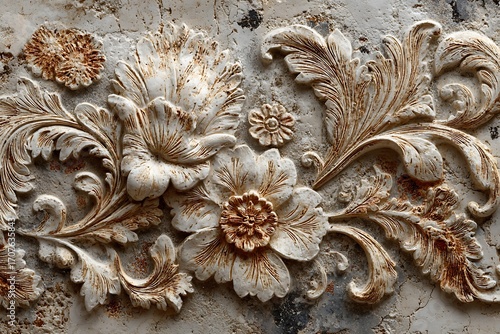 Artistic baroque wall carving with flowers high resolution picture