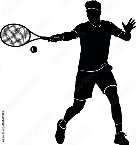 Vector art of silhouette of a male tennis player hitting a forehand shot transparent background