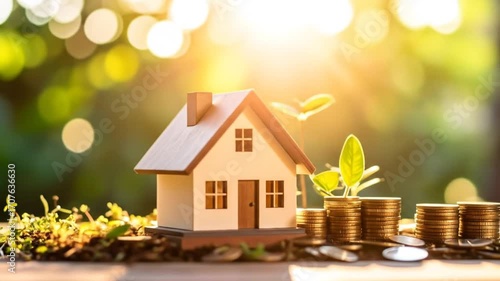Wallpaper Mural House model and stacked coins in garden. Torontodigital.ca