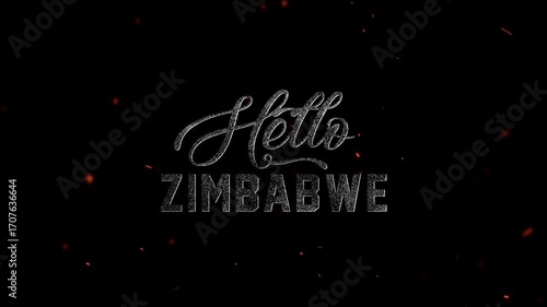 Hello Zimbabwe text with a silhouette of a rhino and sparks on a black background, representing the country wildlife and natural resources