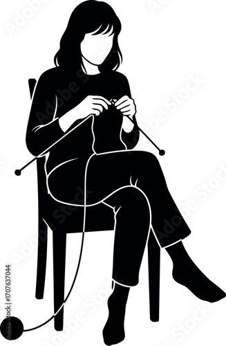 Vector art of silhouette of a woman sitting on a chair, knitting with yarn and needles, transparent background