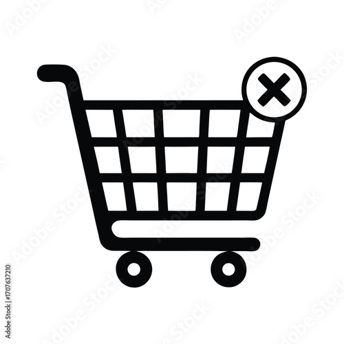 Black shopping cart icon shows deletion or cancellation of items from online purchase