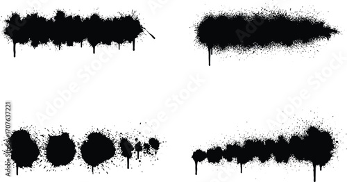 Four black spray paint splatters and drips artistic elements on transparent background