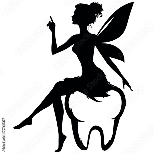 Tooth fairy sitting on a molar tooth. Fairy tale story. Dentistry logo. Vector silhouette