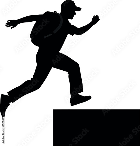 Vector art of silhouette of a student running up stairs with a backpack, transparent background
