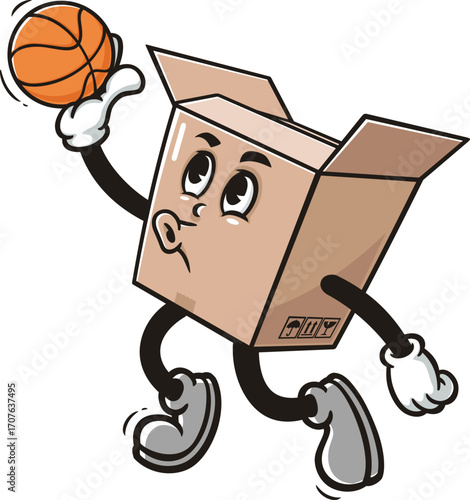 Cardboard box mascot cartoon playing slam dunk basketball