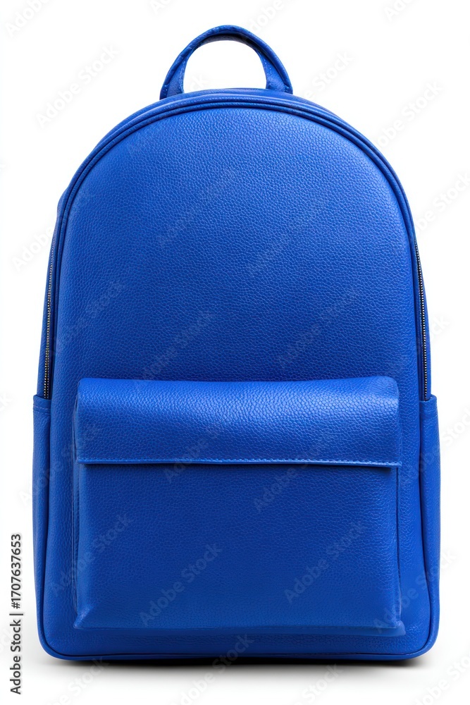 Fototapeta premium A vibrant, electric blue, faux-leather backpack with a clean, minimalist design, featuring a front pocket and a top handle on a white backdrop