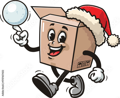 Cartoon cardboard box mascot playing snowballs and wearing a Christmas hat